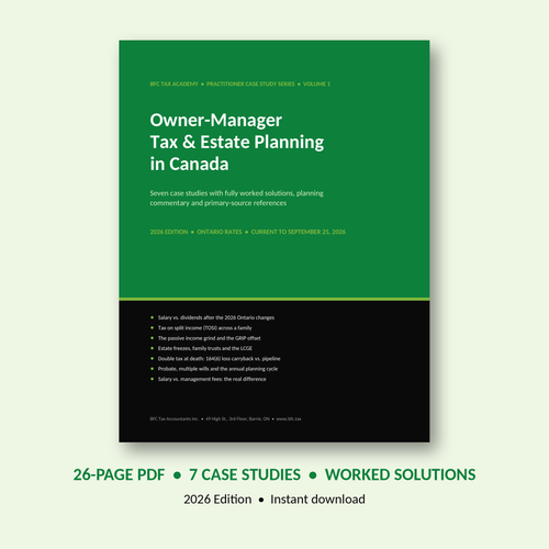 Owner-Manager Tax and Estate Planning in Canada workbook cover, 2026 Edition, BFC Tax Academy