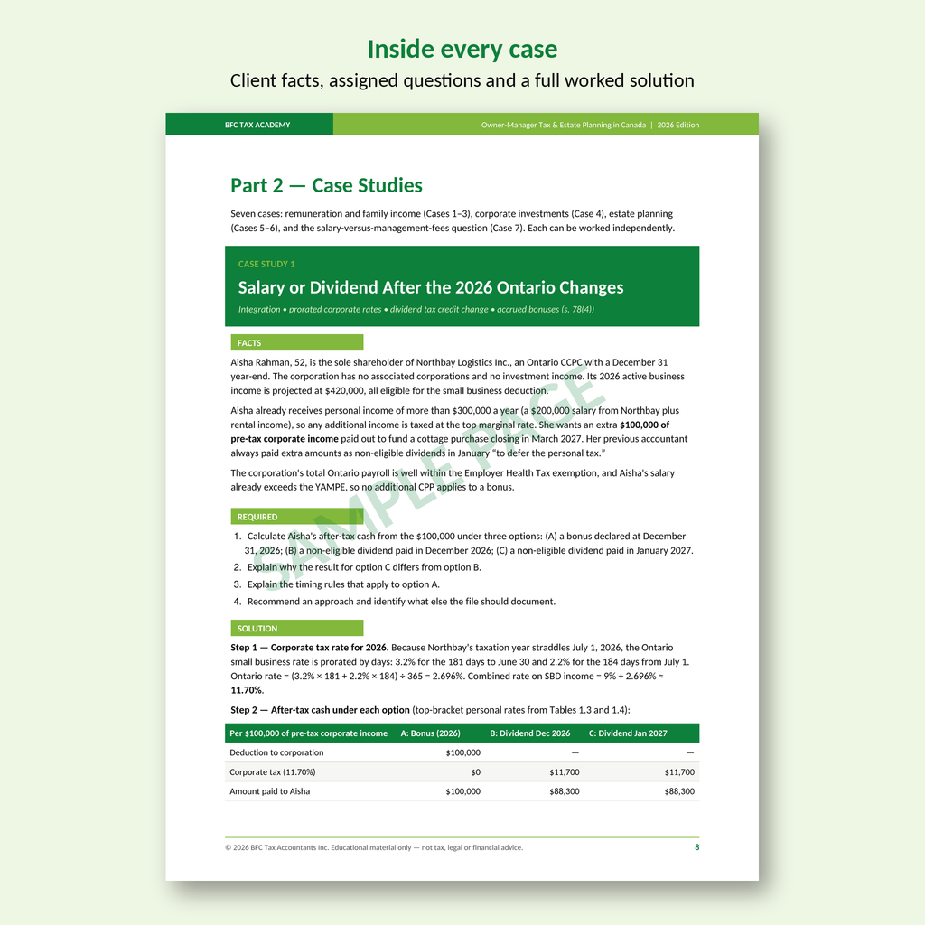 Sample page: Case 1 salary vs dividend facts and questions for an Ontario CCPC owner
