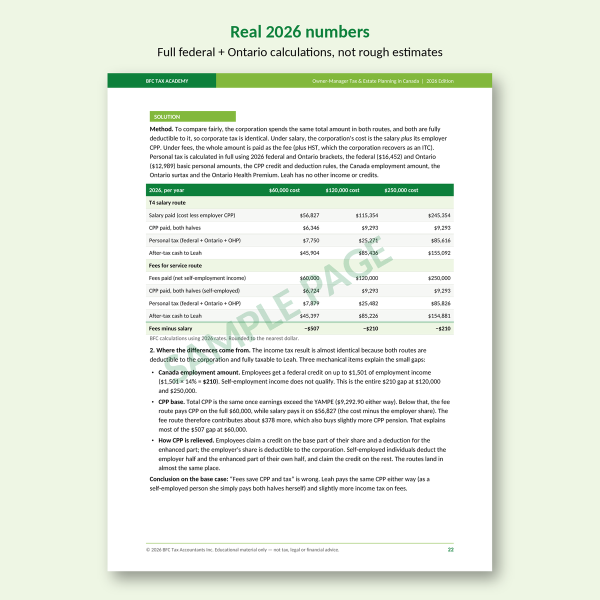Sample page: Case 7 salary vs management fees comparison with 2026 federal and Ontario tax calculations